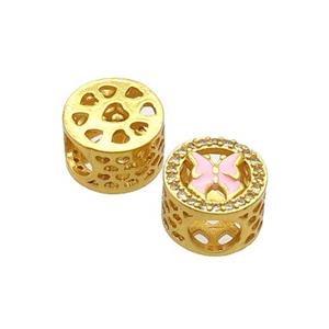 Copper Butter Beads Pave Zircon Pink Enamel Butterfly Large Hole Gold Plated, approx 10.5mm, 5mm hole