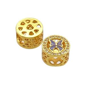 Copper Butter Beads Pave Zircon Purple Enamel Butterfly Large Hole Gold Plated, approx 10.5mm, 5mm hole