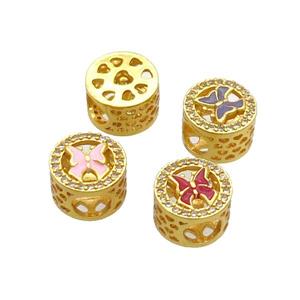 Copper Butter Beads Pave Zircon Mix Enamel Butterfly Large Hole Gold Plated, approx 10.5mm, 5mm hole