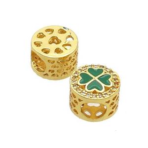 Copper Butter Beads Pave Zircon Green Enamel Clover Large Hole Gold Plated, approx 10.5mm, 5mm hole