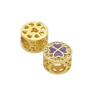 Copper Butter Beads Pave Zircon Purple Enamel Clover Large Hole Gold Plated, approx 10.5mm, 5mm hole