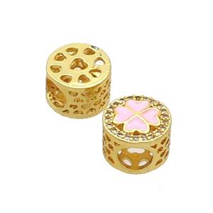 Copper Butter Beads Pave Zircon Pink Enamel Clover Large Hole Gold Plated, approx 10.5mm, 5mm hole