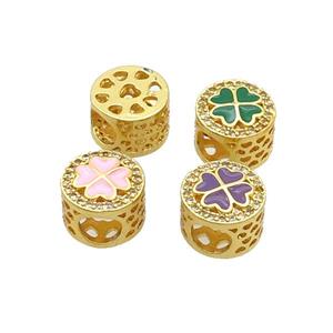 Copper Butter Beads Pave Zircon Mix Enamel Clover Large Hole Gold Plated, approx 10.5mm, 5mm hole