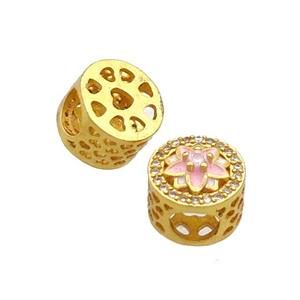 Copper Butter Beads Pave Zircon Pink Enamel Flower Large Hole Gold Plated, approx 10.5mm, 5mm hole