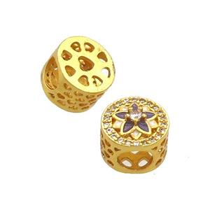 Copper Butter Beads Pave Zircon Purple Enamel Flower Large Hole Gold Plated, approx 10.5mm, 5mm hole