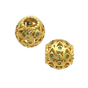 Copper Round Beads Pave Green Zircon Large Hole Gold Plated, approx 11mm, 5mm hole