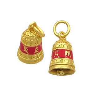 Alloy Bell Buddhist Pendant Red Enamel Om Mani Padme Hum, approx 9-12mm
