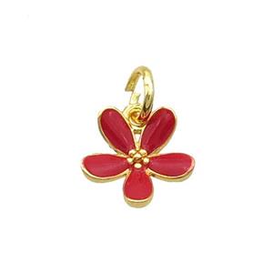 Copper Flower Pendant Red Enamel Gold Plated, approx 11mm