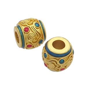 Copper Barrel Beads Teal Enamel Large Hole Unfade Gold Plated, approx 10-11mm, 4mm hole