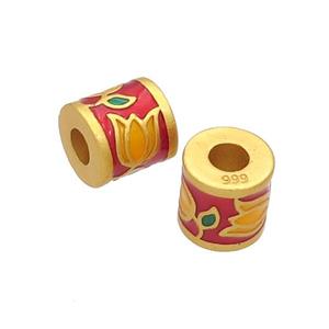 Copper Tube Beads Red Enamel Lotus Large Hole Unfade Gold Plated, approx 9-10mm, 3mm hole