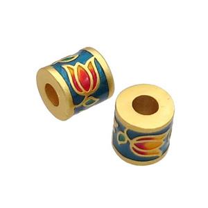 Copper Tube Beads Teal Enamel Lotus Large Hole Unfade Gold Plated, approx 9-10mm, 3mm hole