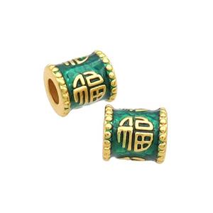 Copper Tube Beads Green Enamel FU Large Hole Unfade Gold Plated, approx 9.5-10.5mm, 4mm hole