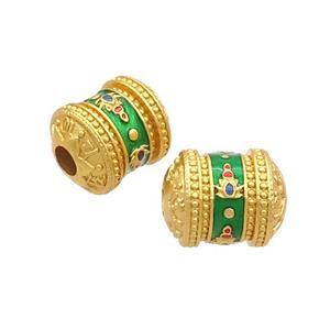 Copper Tube Beads Green Enamel Buddhist Large Hole Unfade Gold Plated, approx 11-13mm, 3mm hole