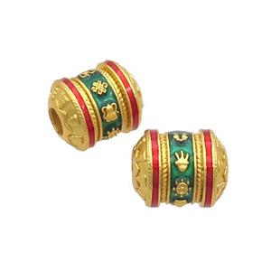 Copper Tube Beads Green Enamel Buddhist Large Hole Unfade Gold Plated, approx 11-13mm, 3mm hole