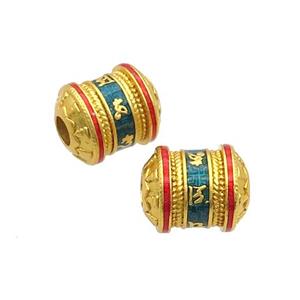 Copper Tube Beads Teal Enamel Buddhist Large Hole Unfade Gold Plated, approx 11-13mm, 3mm hole