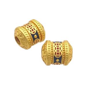 Copper Tube Beads Blue Enamel Buddhist Large Hole Unfade Gold Plated, approx 11-13mm, 3mm hole