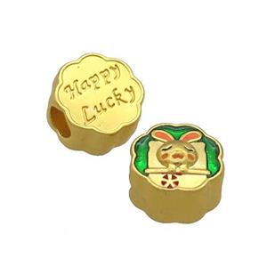 Copper Button Circle Beads Rabbit Green Enamel Large Hole Unfade Gold Plated, approx 12mm, 4mm hole