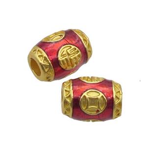Copper Barrel Beads Lotus Red Enamel Unfade Large Hole Gold Plated, approx 9-12mm, 4mm hole