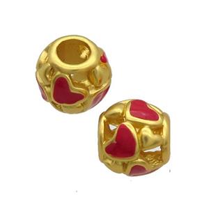 Copper Round Beads Red Enamel Heart Large Hole Unfade Gold Plated, approx 9-10mm, 4mm hole