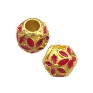 Copper Round Beads Red Enamel Flower Large Hole Unfade Gold Plated, approx 9mm, 4mm hole