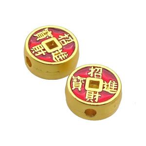 Copper Button Beads Red Enamel Fortune Unfade Gold Plated, approx 12.5mm