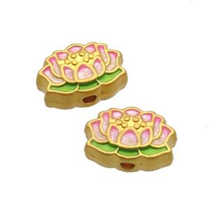 Copper Lotus Beads Pink Enamel Unfade Gold Plated, approx 8-12.5mm