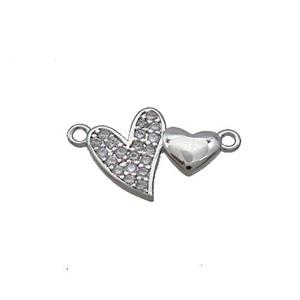 Copper Pendant Pave Zircon Double Heart Platinum Plated, approx 10-13mm