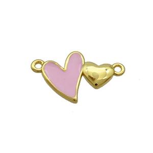 Copper Pendant Pink Enamel Double Heart Gold Plated, approx 10-13mm