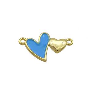 Copper Pendant Blue Enamel Double Heart Gold Plated, approx 10-13mm
