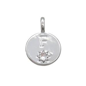 Copper Circle Pendant Pave Zircon F-letter Platinum Plated, approx 11.5mm