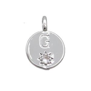 Copper Circle Pendant Pave Zircon G-letter Platinum Plated, approx 11.5mm