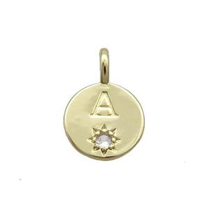 Copper Circle Pendant Pave Zircon A-letter Gold Plated, approx 11.5mm