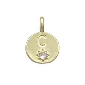 Copper Circle Pendant Pave Zircon C-letter Gold Plated, approx 11.5mm