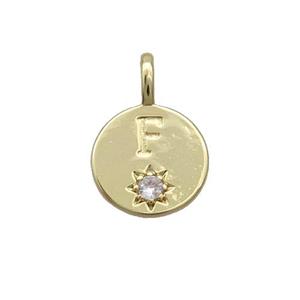 Copper Circle Pendant Pave Zircon F-letter Gold Plated, approx 11.5mm
