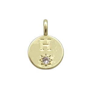 Copper Circle Pendant Pave Zircon H-letter Gold Plated, approx 11.5mm