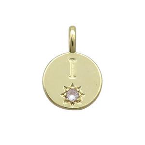 Copper Circle Pendant Pave Zircon I-letter Gold Plated, approx 11.5mm