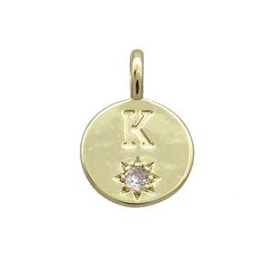 Copper Circle Pendant Pave Zircon K-letter Gold Plated, approx 11.5mm