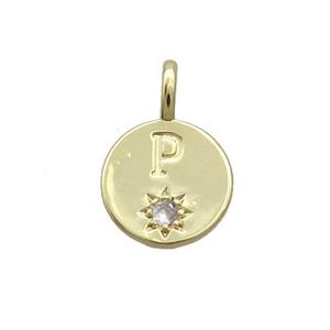 Copper Circle Pendant Pave Zircon P-letter Gold Plated, approx 11.5mm