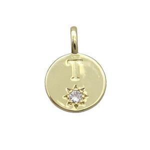 Copper Circle Pendant Pave Zircon T-letter Gold Plated, approx 11.5mm