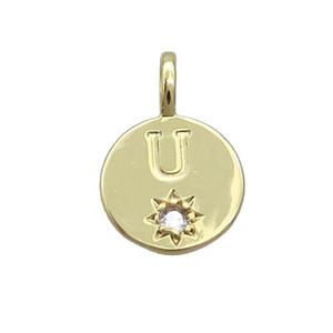 Copper Circle Pendant Pave Zircon U-letter Gold Plated, approx 11.5mm