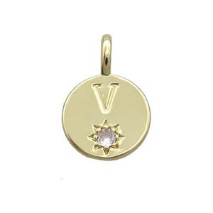 Copper Circle Pendant Pave Zircon V-letter Gold Plated, approx 11.5mm