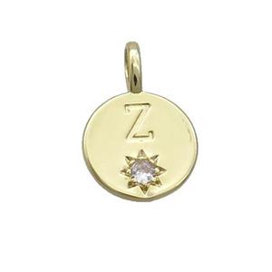 Copper Circle Pendant Pave Zircon Z-letter Gold Plated, approx 11.5mm