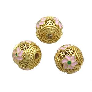 Copper Round Beads Pink Cloisonne FLower Hollow Gold Plated, approx 9-10mm