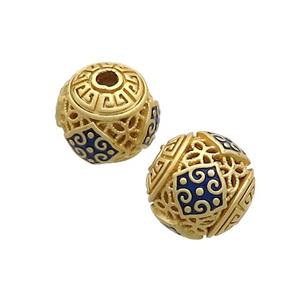Copper Round Beads Blue Cloisonne Hollow Gold Plated, approx 9-10mm
