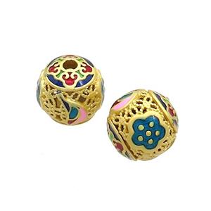 Copper Round Beads Blue Pink Cloisonne Hollow Gold Plated, approx 9-10mm