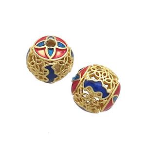 Copper Round Beads Red Blue Cloisonne Hollow Gold Plated, approx 9-10mm