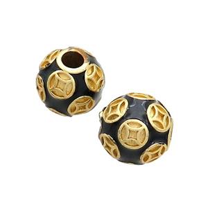 Copper Round Beads Black Enamel Large Hole Gold Plated, approx 11-12mm, 3mm hole