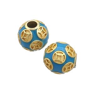 Copper Round Beads Blue Enamel Large Hole Gold Plated, approx 11-12mm, 3mm hole
