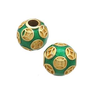 Copper Round Beads Green Enamel Large Hole Gold Plated, approx 11-12mm, 3mm hole