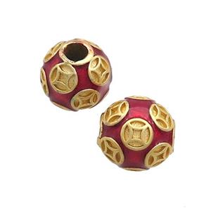 Copper Round Beads Red Enamel Large Hole Gold Plated, approx 11-12mm, 3mm hole